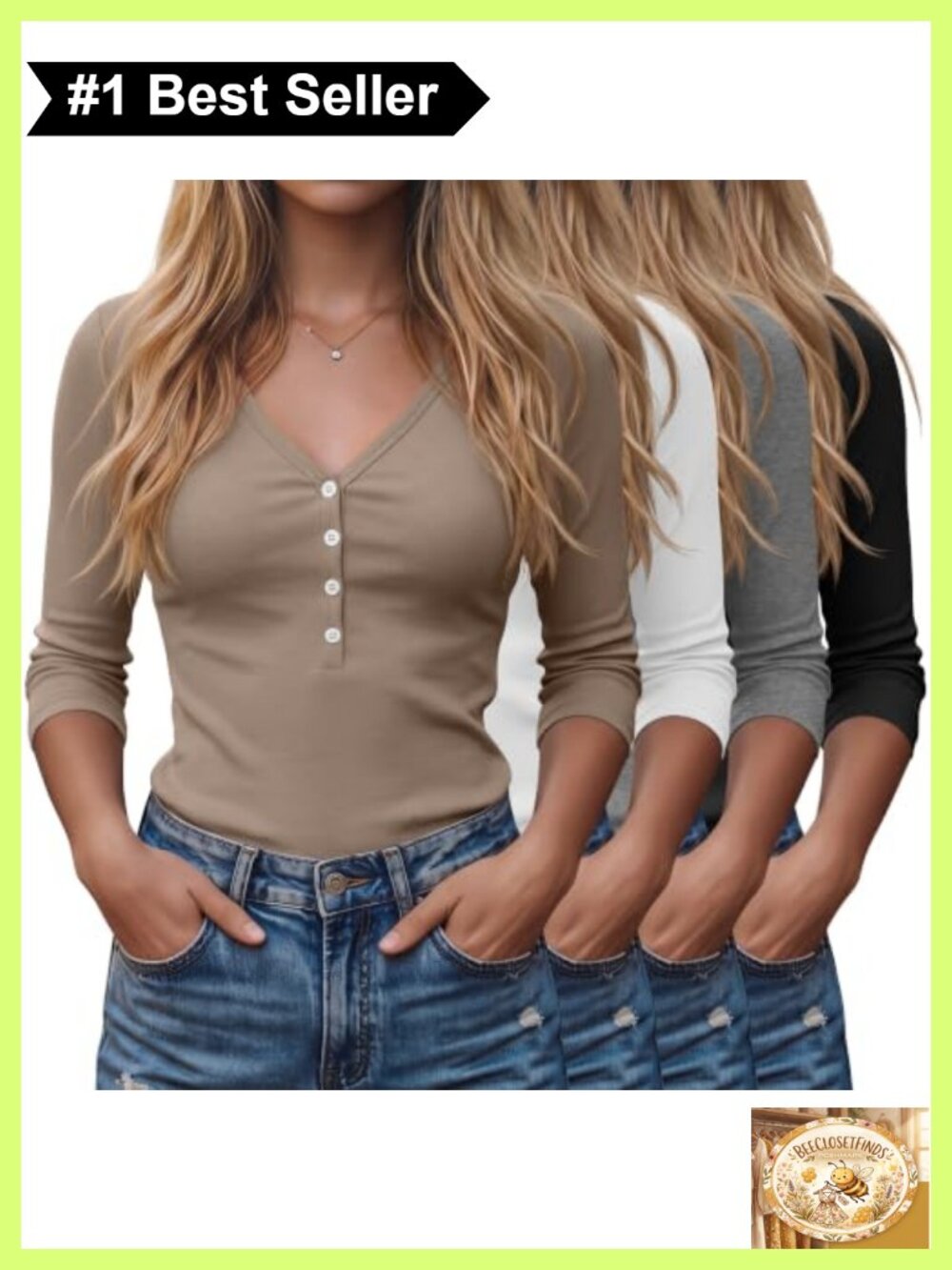 Women's 3/4 Sleeve V-Neck Henley Tops 4 Pack Casual Button Blouses